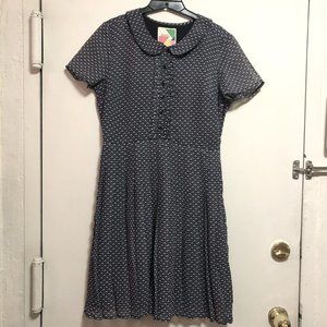 Navy Blue Dress with Light Blue Fan Pattern - Forever - Size L